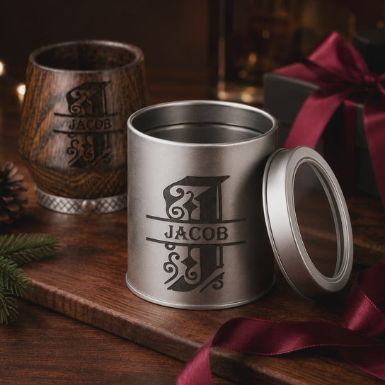 Video showing a personalized silver metal gift box used as packaging for a wooden whiskey glass