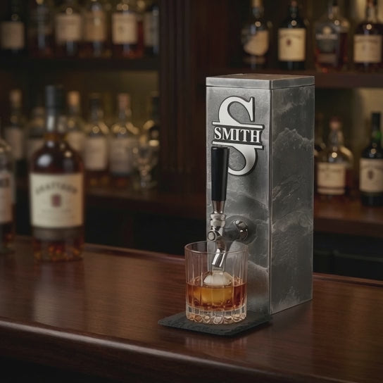 Video showing personalized silver slate whiskey dispenser with custom monogram and bar setup.