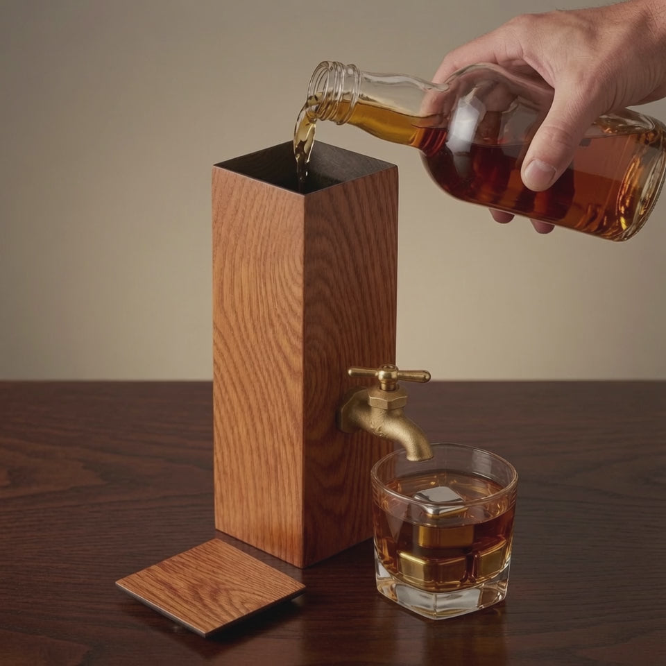 Classic oak whiskey dispenser being filled with whiskey, showing lacquered oak exterior and brass faucet