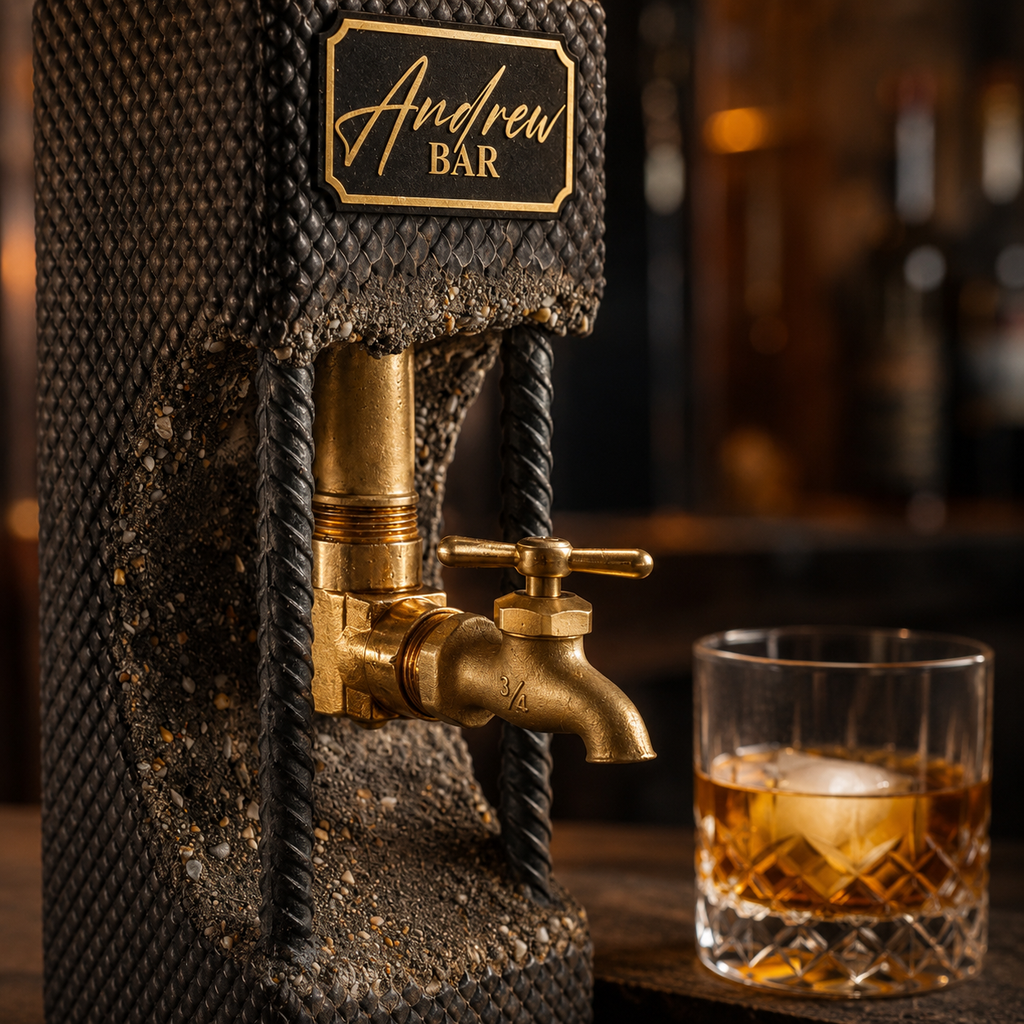 Video of personalized concrete whiskey dispenser with black gold name plaque, brass faucet, and handcrafted bar decor style