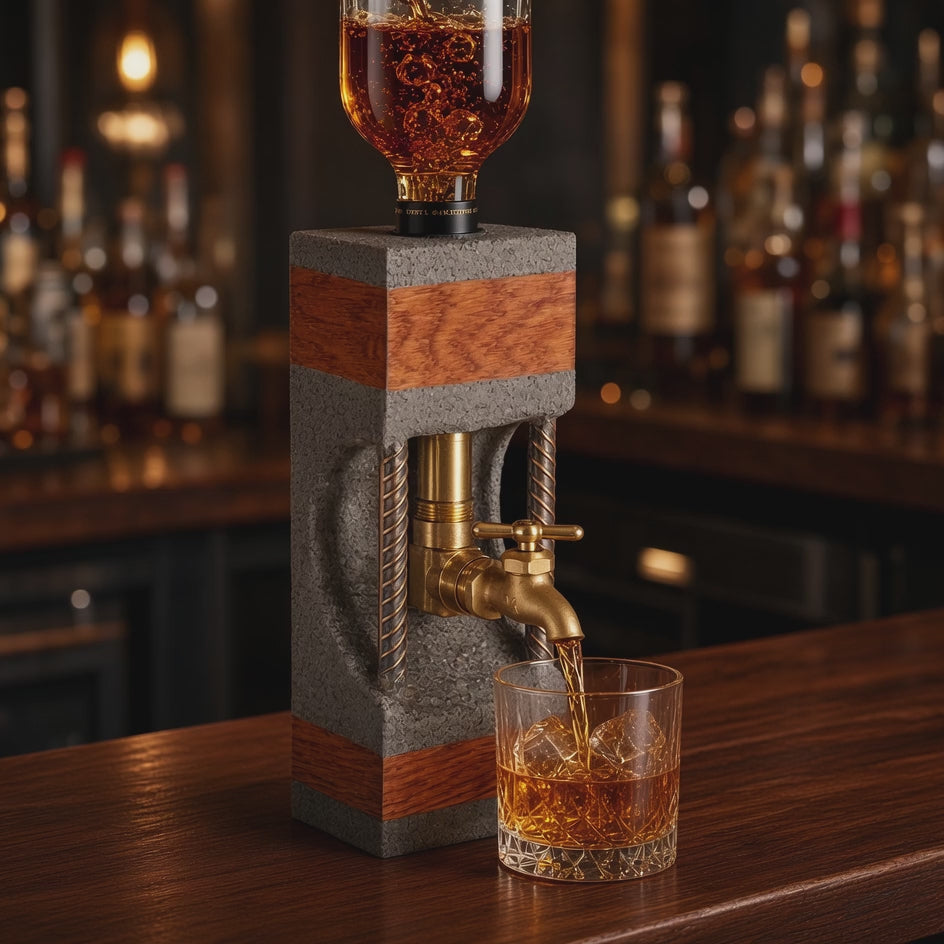 Concrete and oak whiskey dispenser pouring an amber drink through brass tap