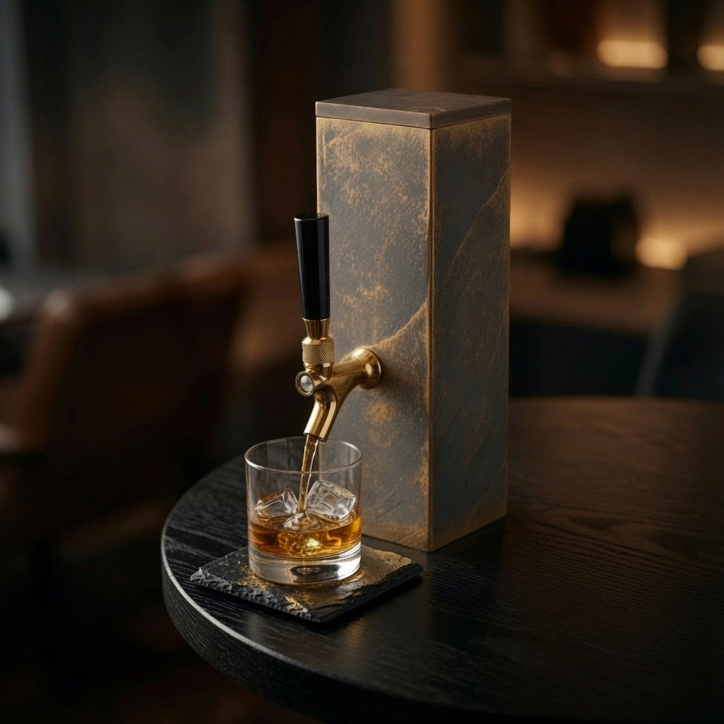 Video overview of black slate whiskey dispenser with brass faucet and gold-toned slate finish.