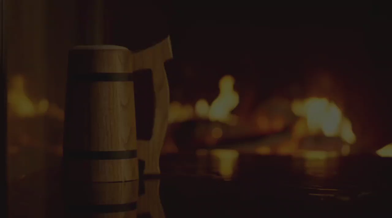 Handcrafted oak beer stein making process showing rustic wooden beer mug craftsmanship.