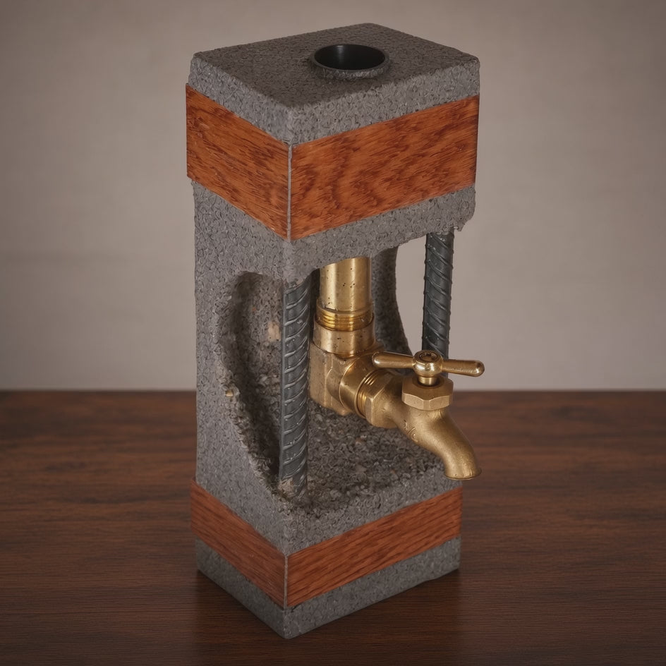 Concrete and oak whiskey dispenser product view with brass faucet and wood accents