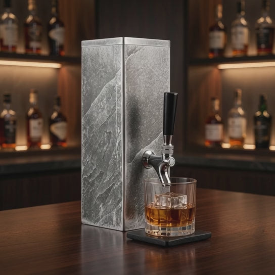Video of silver slate whiskey dispenser pouring whiskey into a glass on matching slate coaster