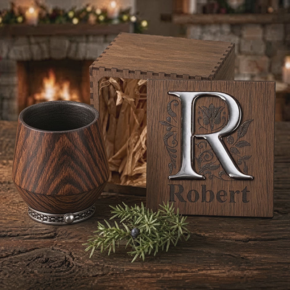 Product video featuring a charred oak whiskey tumbler, personalized wooden gift box with silver R inlay, and care balm