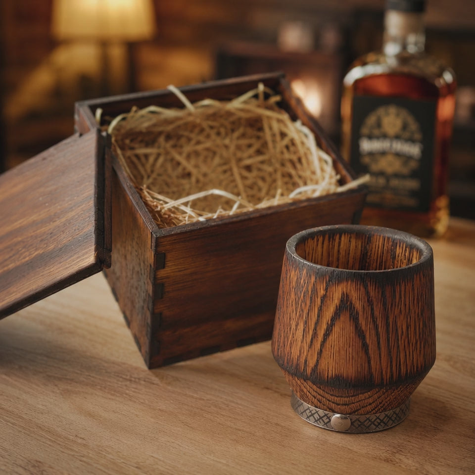 Charred oak whiskey tumbler with handcrafted wooden gift box and natural straw filler