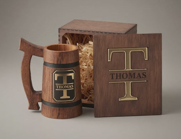 Video showing a personalized oak beer mug with a gold plaque and matching wooden gift box from multiple angles.