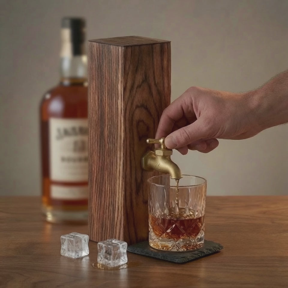 Video showing handcrafted oak whiskey dispenser pouring bourbon through a brass faucet.