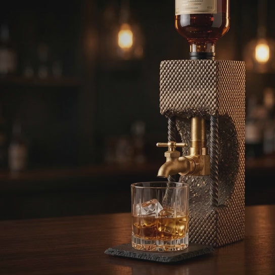 Gold patina concrete whiskey dispenser video showing bottle on top and whiskey pouring into glass
