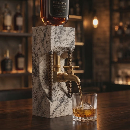 Video showing handmade concrete whiskey dispenser pouring whiskey into a glass in an industrial home bar setting.