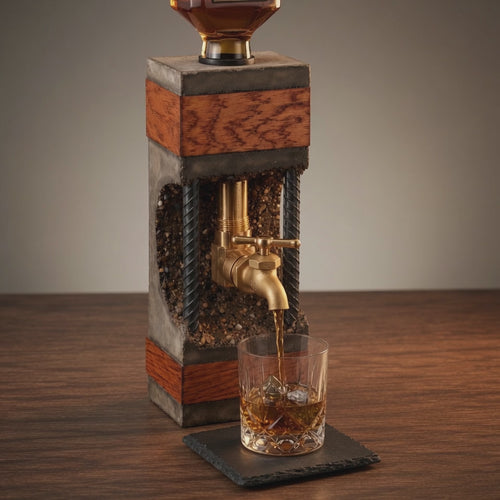 Concrete and oak whiskey dispenser pouring whiskey into a glass on black slate coaster