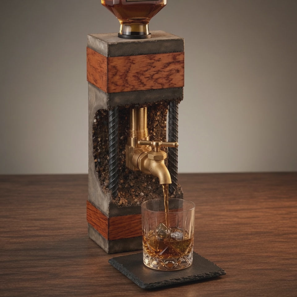 Concrete and oak whiskey dispenser pouring whiskey into a glass on black slate coaster