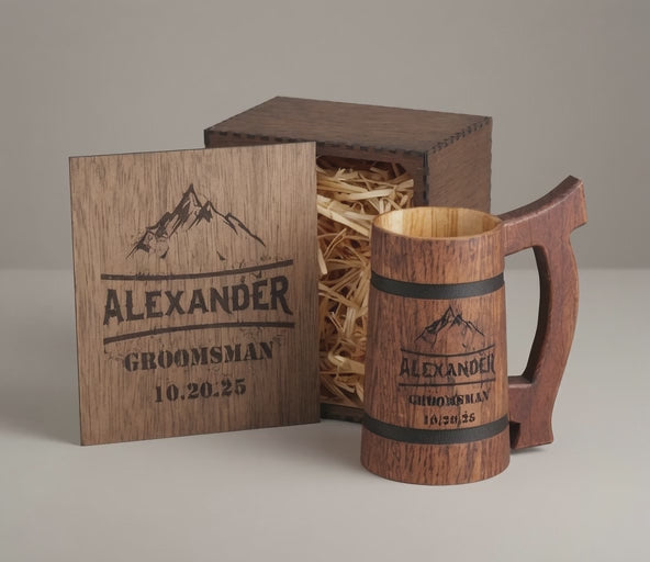 Video showing the personalized oak beer mug and engraved wooden gift box from multiple angles.