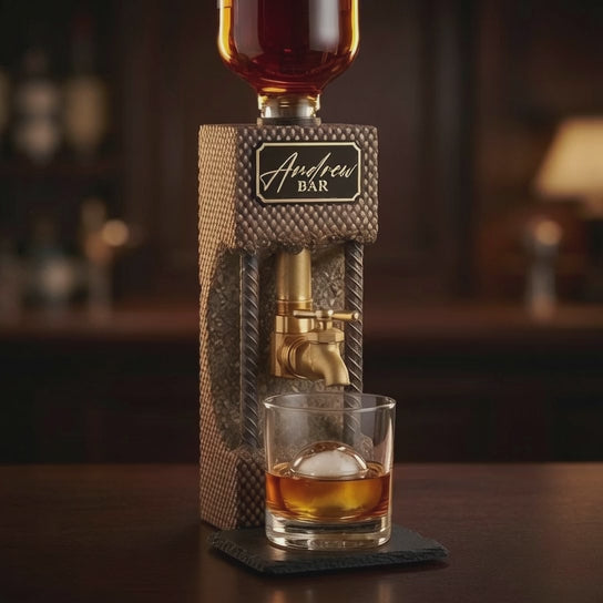 Video of personalized concrete whiskey dispenser pouring whiskey from a brass faucet into a glass