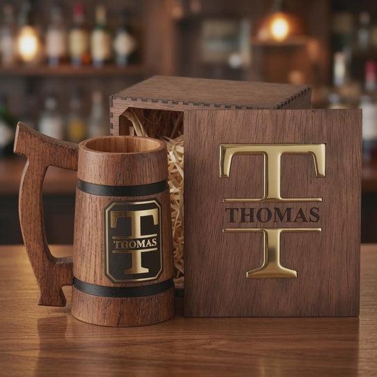 Personalized Oak Beer Mug Gift Set with Gold Plaque & Epoxy Inlay Box