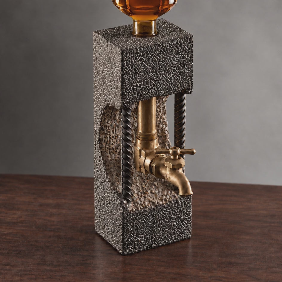 Video overview of textured concrete whiskey dispenser showing front, side and metal tap details