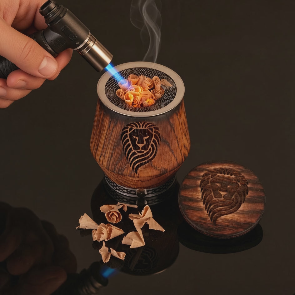 Video overview of charred oak whiskey smoker kit with engraved glass, oak chips, smoking insert, and wooden lid.