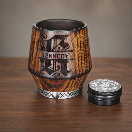 Video of personalized charred oak whiskey glass with deep laser engraving and beeswax finish