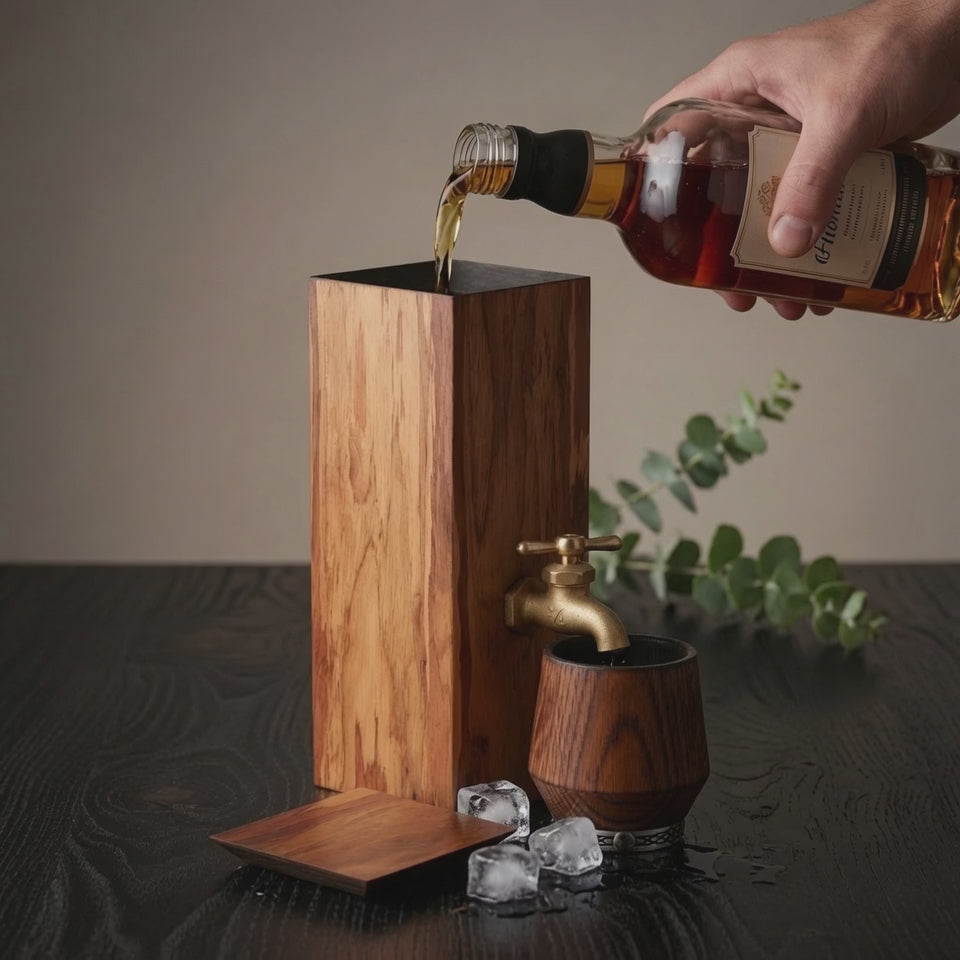 Eucalyptus wood whiskey dispenser being filled with whiskey, showing lacquered exterior and charred interior