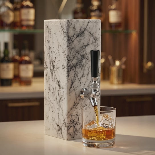 White marble whiskey dispenser video showing the hand-decorated black pattern, silver-tone tap, and elegant home bar styling.