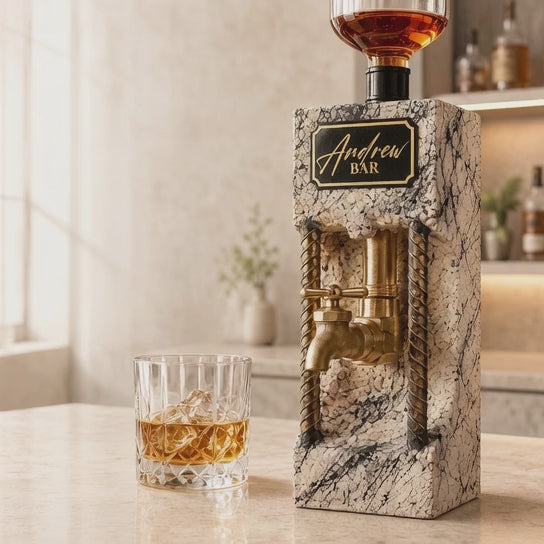 Personalized concrete liquor dispenser video showing custom engraved plaque and brass tap for home bar decor