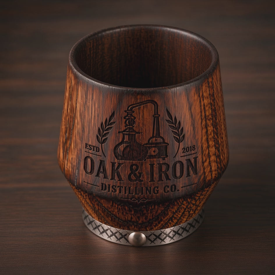 Product video showing a custom logo charred oak whiskey tumbler with deep laser engraving