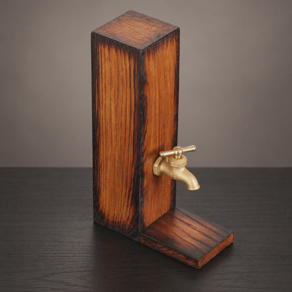 Video showcasing the Ember Oak whiskey dispenser, its charred wood finish, brass tap, and wooden platform.