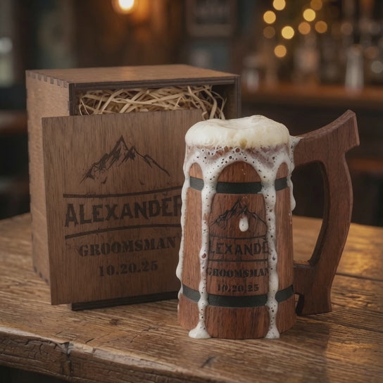 Video of a personalized oak beer mug with an engraved wooden gift box and natural straw filler.