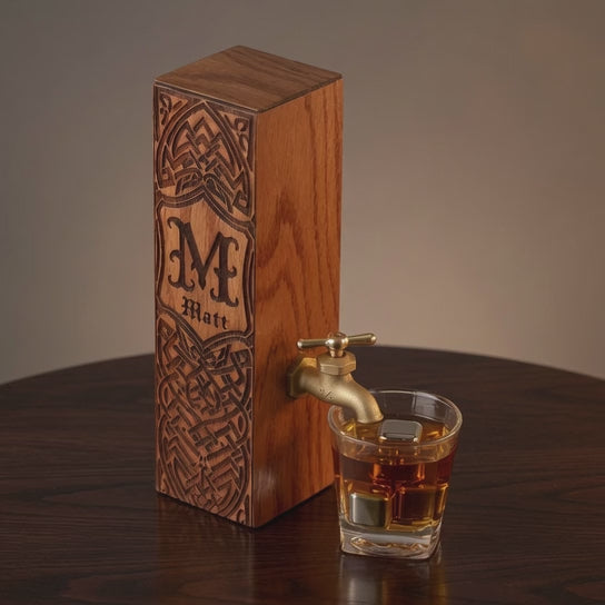 Video showing a personalized oak whiskey dispenser with engraved monogram, brass faucet, and whiskey glass on a wooden surface.