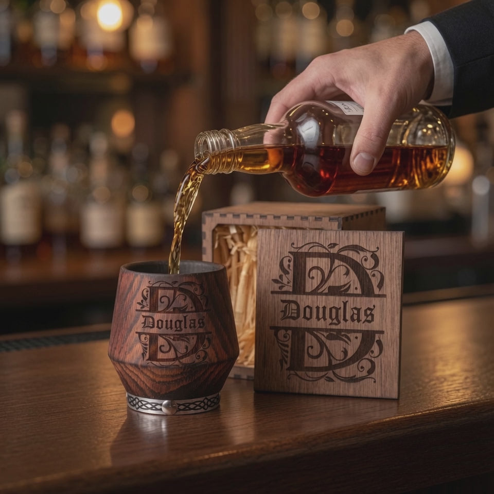 Video showing whiskey poured into a personalized charred oak glass beside an engraved wooden gift box.
