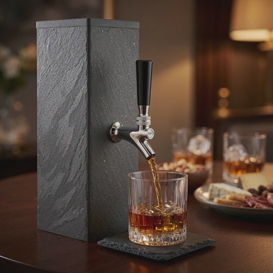 Video showing natural black slate whiskey dispenser with coaster in a warm whiskey night bar setting