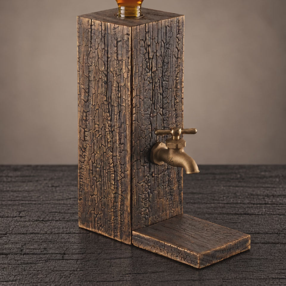 Video showing a charred oak whiskey dispenser with gold patina and a brass tap.
