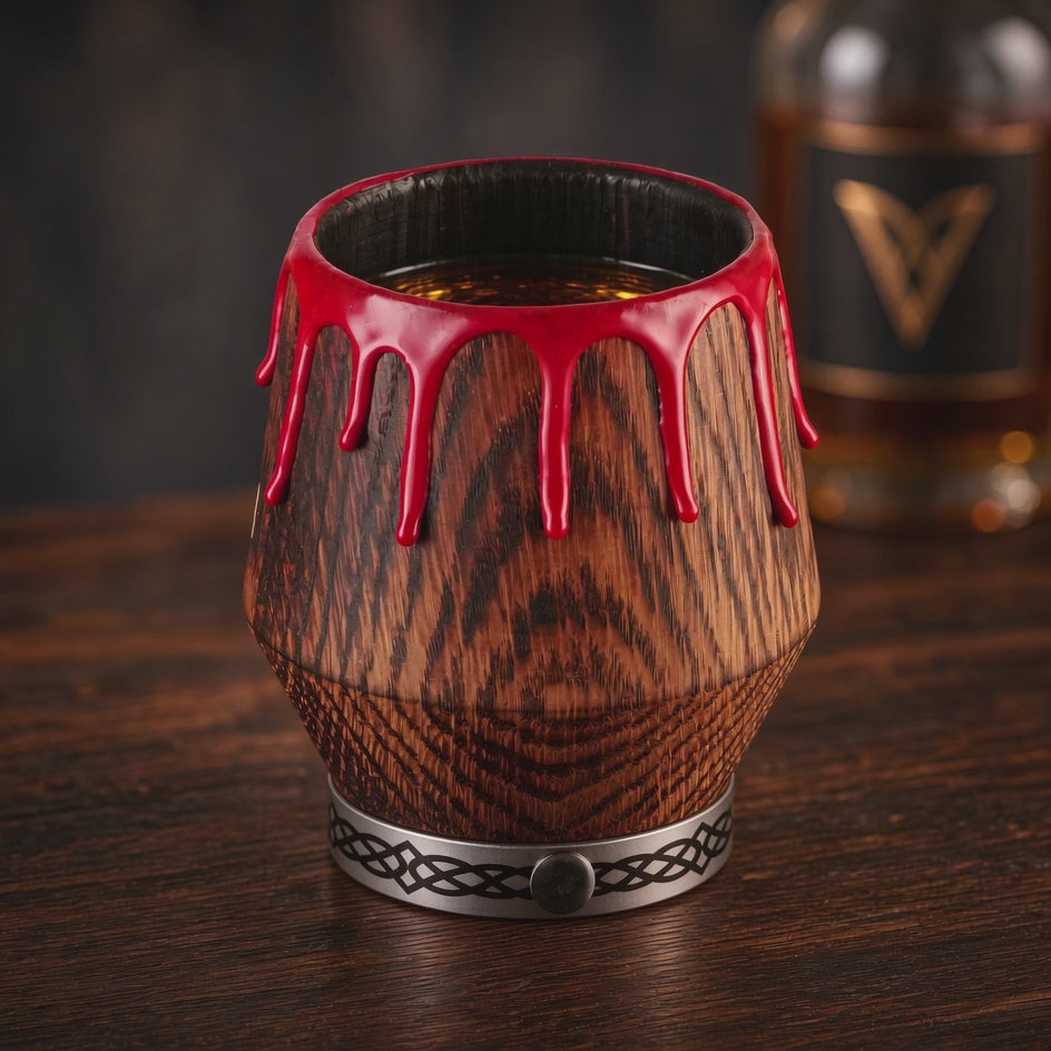 Close-up video of a gothic oak whiskey glass showing its red drip rim, natural wood grain, and patterned silver metal base.