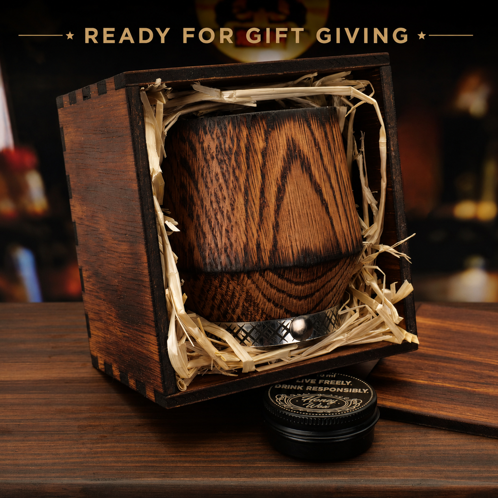 Oak whiskey glass packed in a burned wooden gift box ready for gift giving