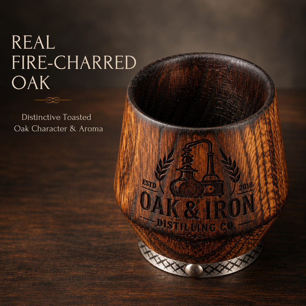 Fire-charred oak whiskey glass showing the naturally toasted interior and solid wood grain
