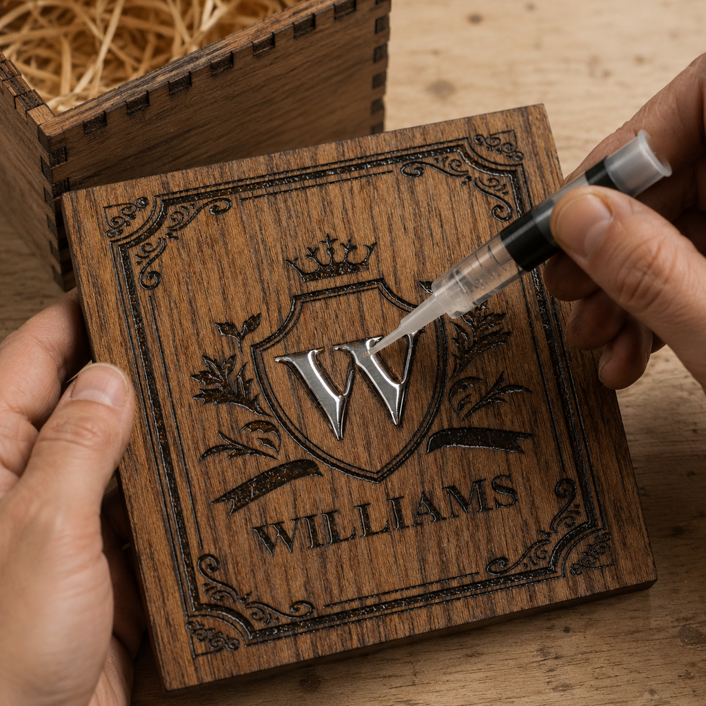 Artisan carefully creating a silver-toned epoxy resin inlay inside the deeply engraved design on a wooden box lid.