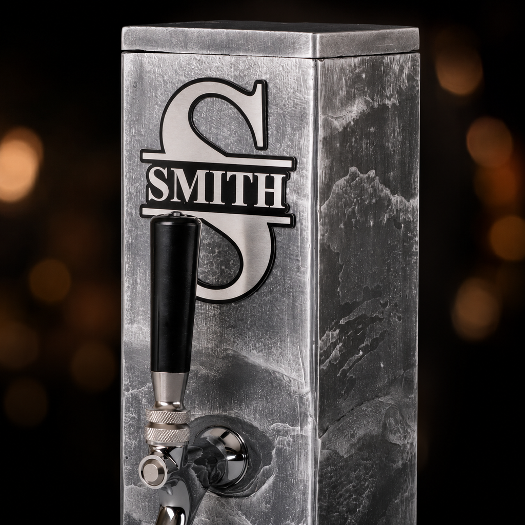 Front detail of silver slate whiskey dispenser with custom engraved monogram plaque.