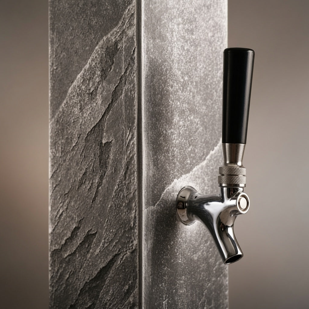 Close up of silver toned slate whiskey dispenser with metal pour spout and textured stone finish