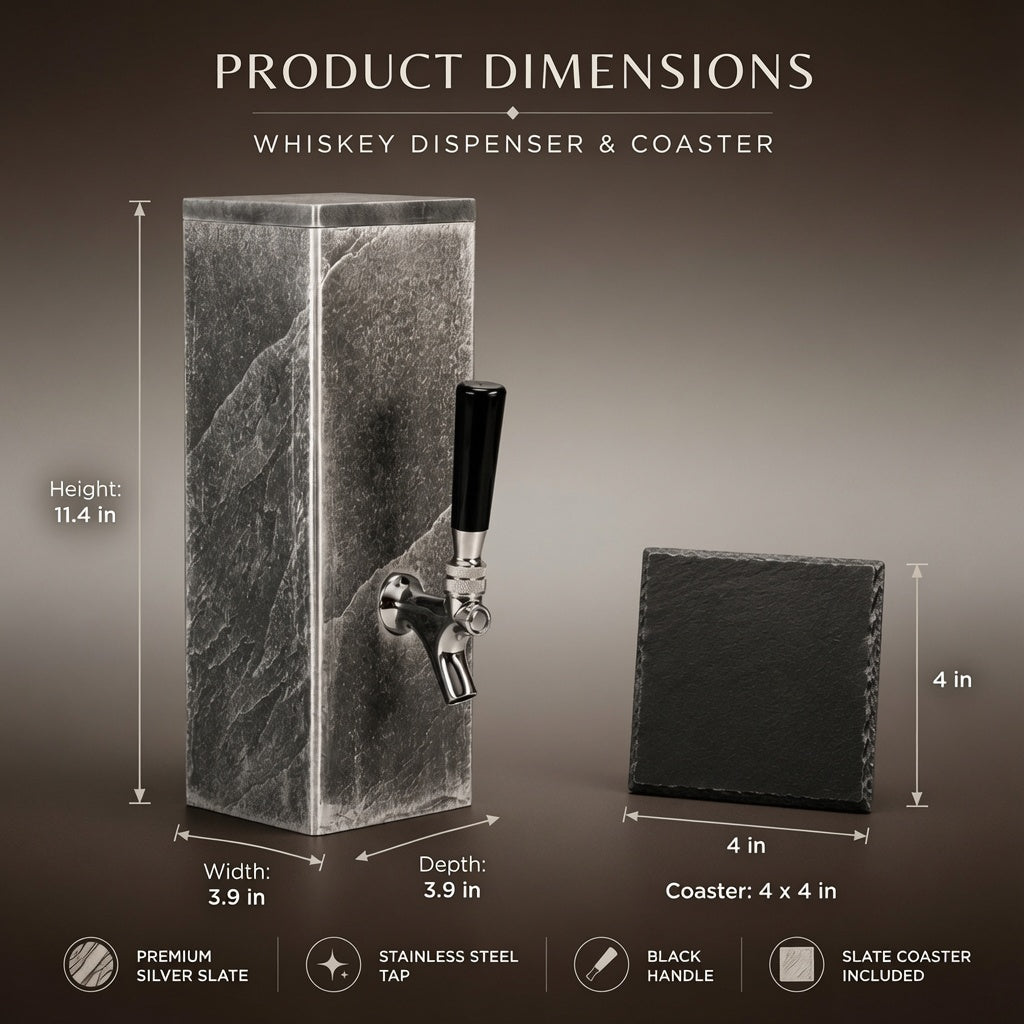 Dimensions of silver slate whiskey dispenser with 11.4 inch height and 4 x 4 inch slate coaster