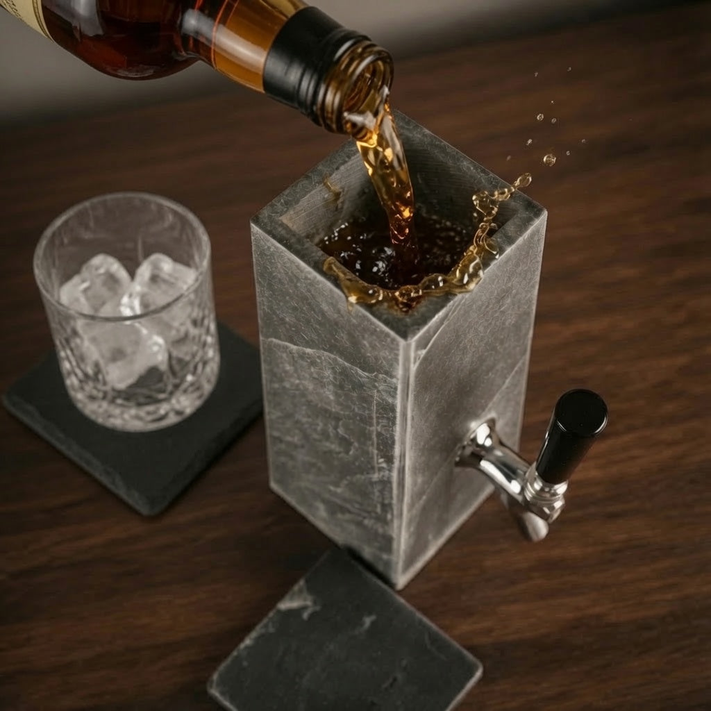 Whiskey being poured into silver slate whiskey dispenser with matching slate coaster nearby