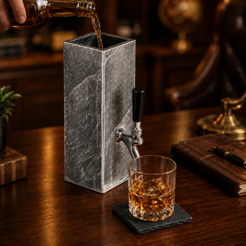Silver slate whiskey dispenser displayed in a warm home bar setting with whiskey glass