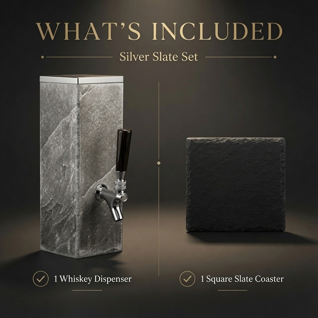 What is included with silver slate whiskey dispenser set: dispenser and matching square slate coaster
