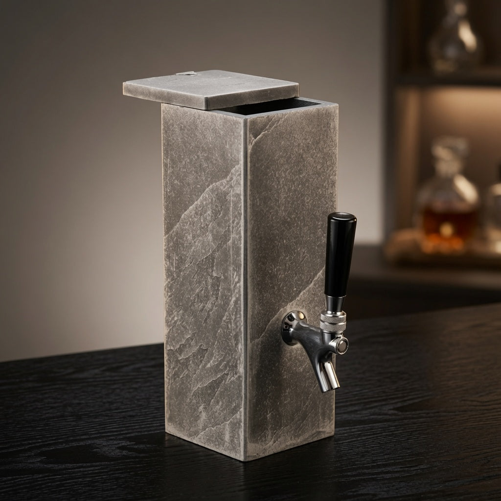 Silver slate whiskey dispenser with open lid showing inner reservoir and matching slate coaster