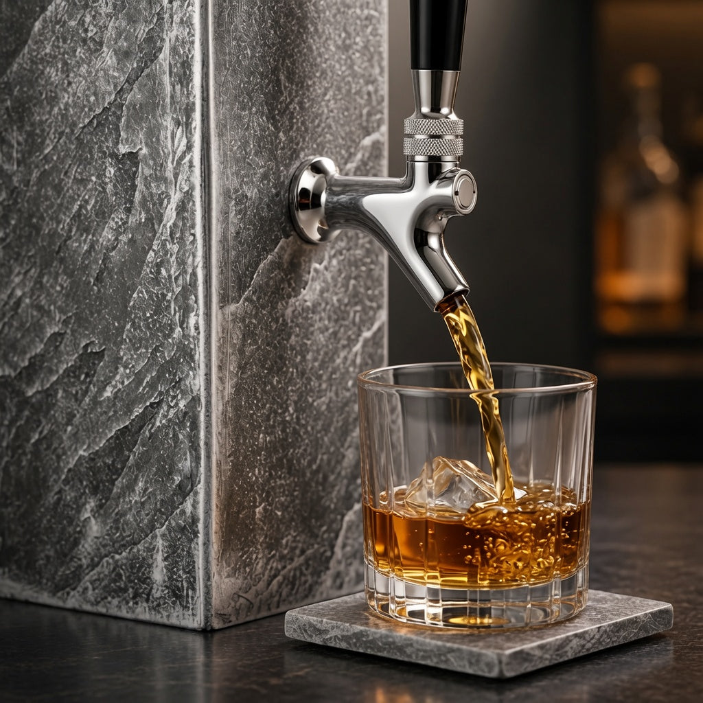 Silver toned slate whiskey dispenser pouring whiskey into a glass for home bar styling