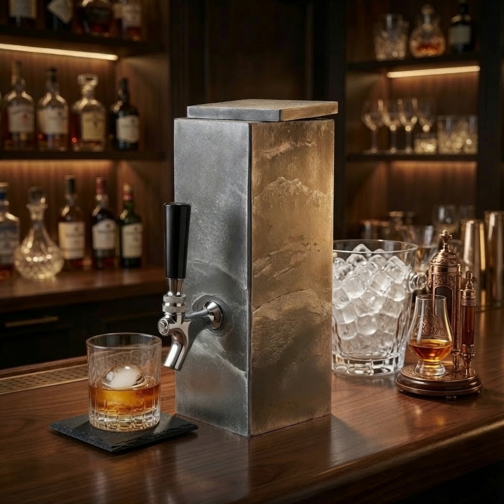 Side view of silver slate whiskey dispenser with glass and slate coaster on home bar.
