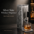 Silver-toned slate whiskey dispenser with matching slate coaster for home bar decor