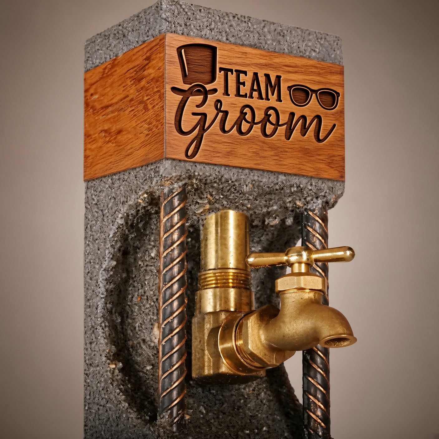Team Groom custom engraving on personalized concrete and oak whiskey dispenser