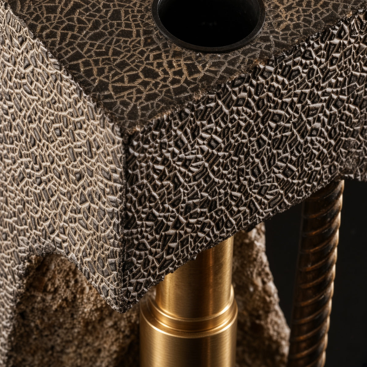 Close-up of distinctive textured concrete surface and top bottle opening of whiskey dispenser