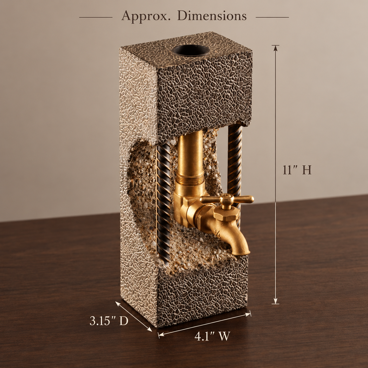 Dimensions of textured concrete whiskey dispenser with rectangular handmade concrete body